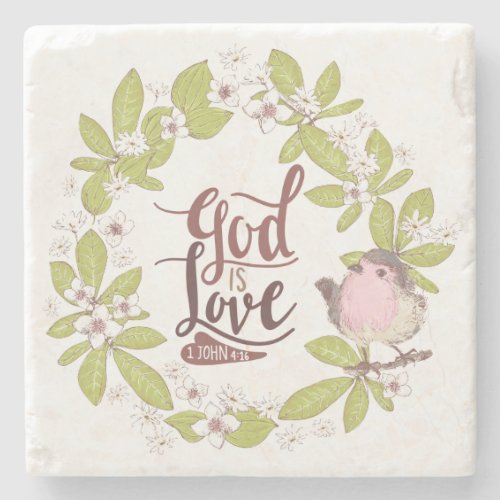 1 John 416 God is Love Floral Wreath Cute Bird Stone Coaster