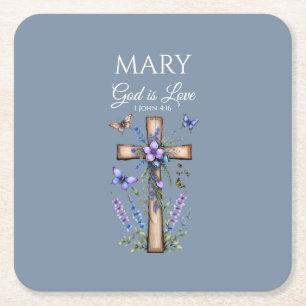 1 John 4:16 God Is Love – Personalized Christian Square Paper Coaster