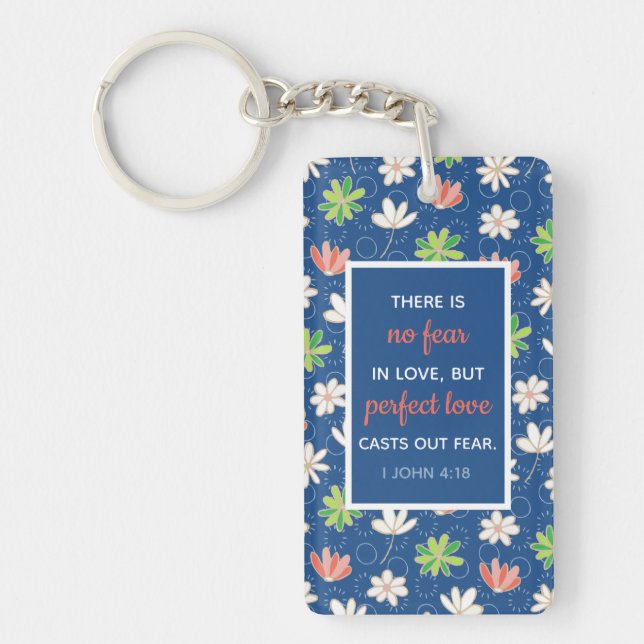 1 John 4:18 Blue Ditsy Floral Personalized Keychain (Front)