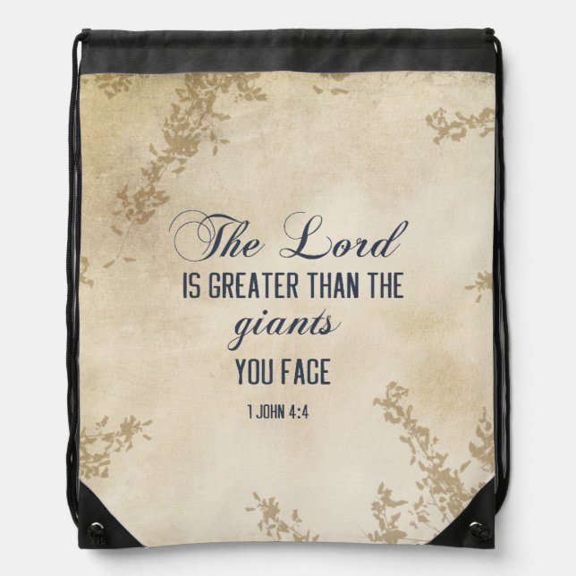 1 John 4 4 The Lord is Greater Inspirational Quote Drawstring Bag (Front)