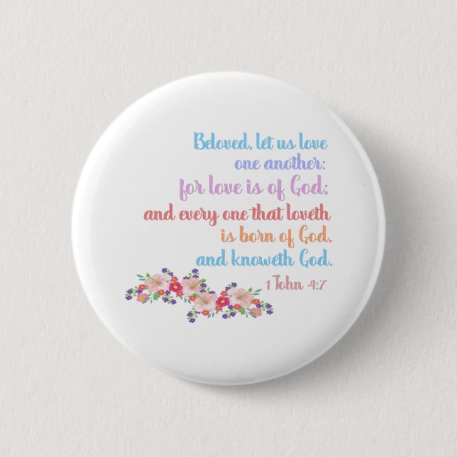 1 John 4:7 Bible Verse Rainbow Text Button (Front)