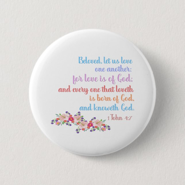 1 John 4:7 Bible Verse Rainbow Text Button (Front)