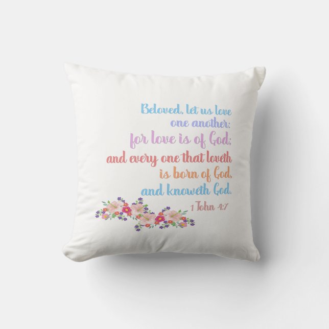 1 John 4:7 Bible Verse Rainbow Text Throw Pillow (Front)