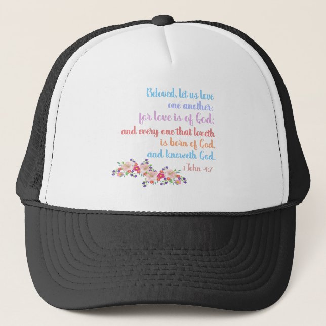 1 John 4:7 Bible Verse Rainbow Text Trucker Hat (Front)