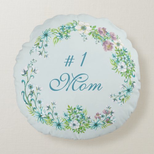 1 Mom Blue and Purple Watercolor Floral Round Pillow