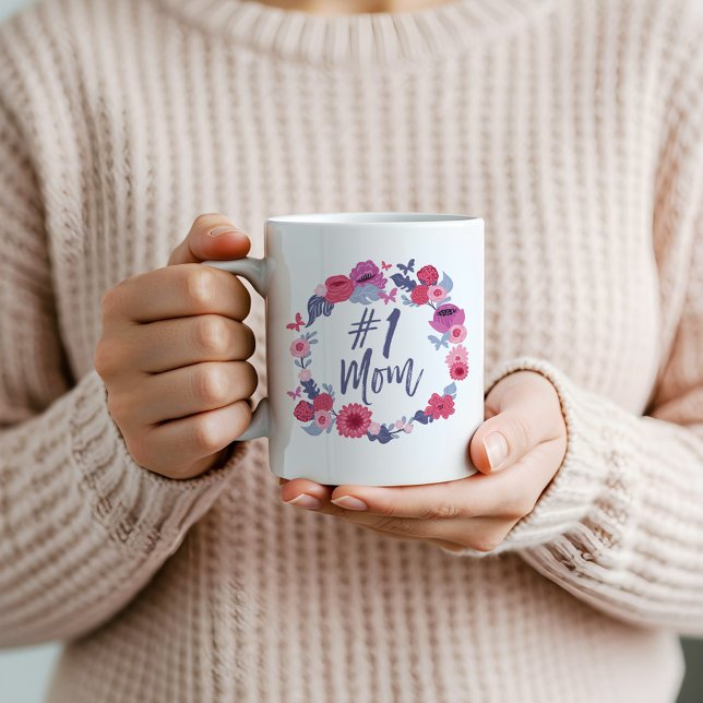 #1 Mom Brush Script Floral Butterfly Pink Wreath Coffee Mug (#1 Mom Brush Script Floral Butterfly Pink Wreath Coffee Mug)