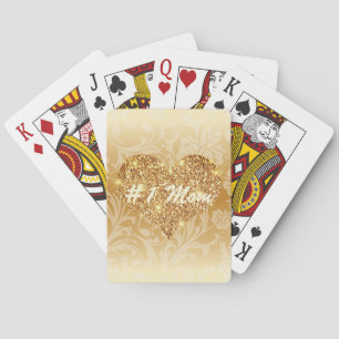 #1 Mom Gold Faux Glitter Heart Floral Poker Cards