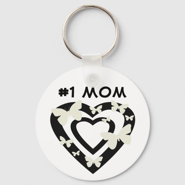 #1 Mom, open hearts, white butterflies Keychain (Front)