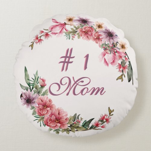 1 Mom Pink And Purple Watercolor Flowers Round Pillow