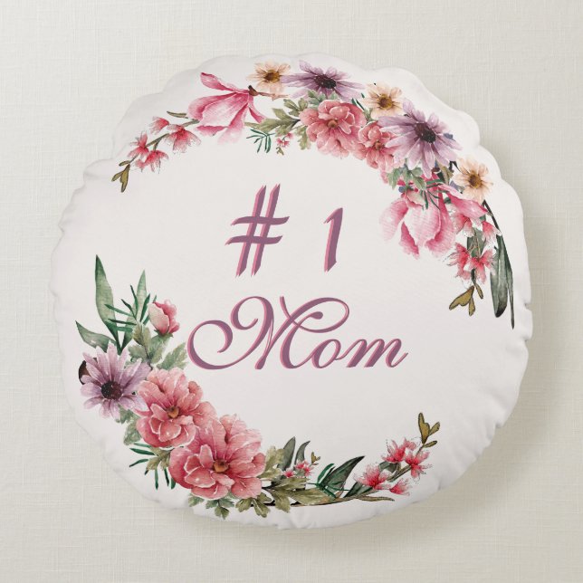 #1 Mom Pink And Purple Watercolor Flowers Round Pillow (Front)