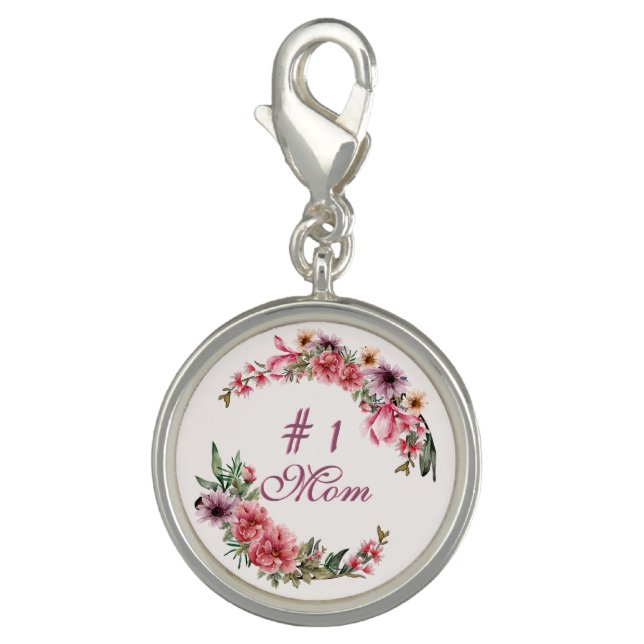  # 1 Mom Pink Purple Yellow Watercolor Flowers  Charm (Front)