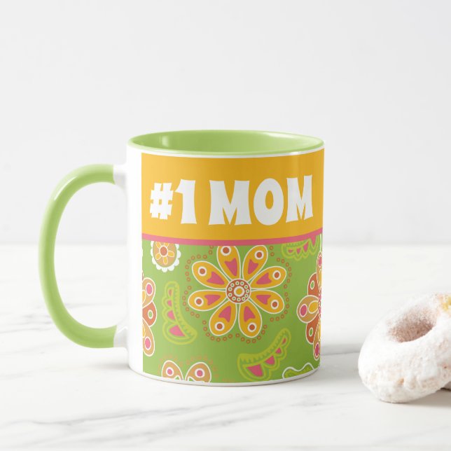 #1 MOM - Retro Flower Green Yellow Number One Mom Mug (With Donut)