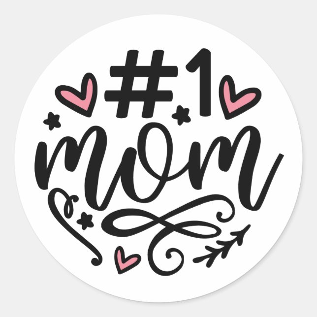 #1 Mom Script Hearts Mother's Day Classic Round St Sticker (Front)