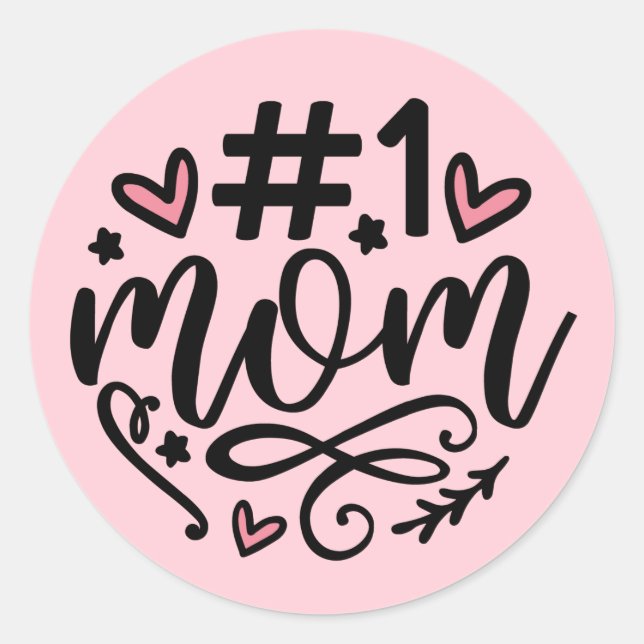 #1 Mom Script Hearts Mother's Day Classic Round Sticker (Front)