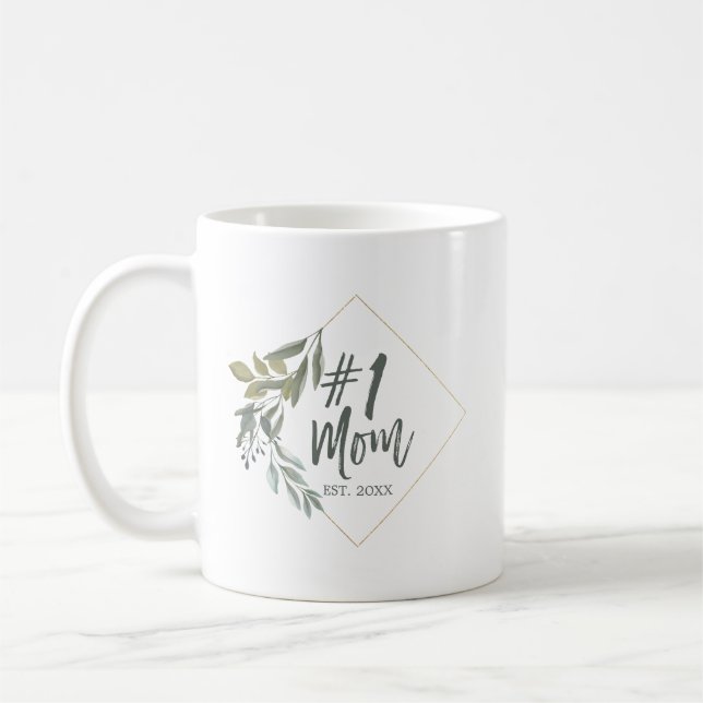 #1 Mom Typography Watercolor Foliage Mother's Day Coffee Mug (Left)