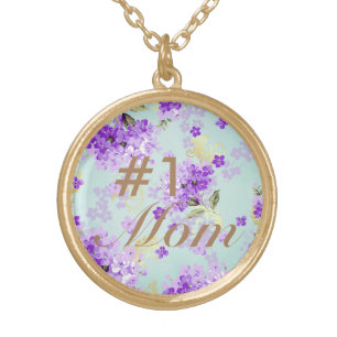 #1 Mom Vintage Purple Floral Gold Plated Necklace