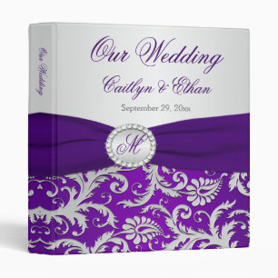 1" Monogram Purple, Silver Damask Wedding Binder