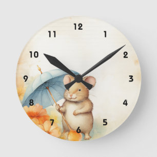 1 Mouse with blue umbrella orange pink flowers Round Clock
