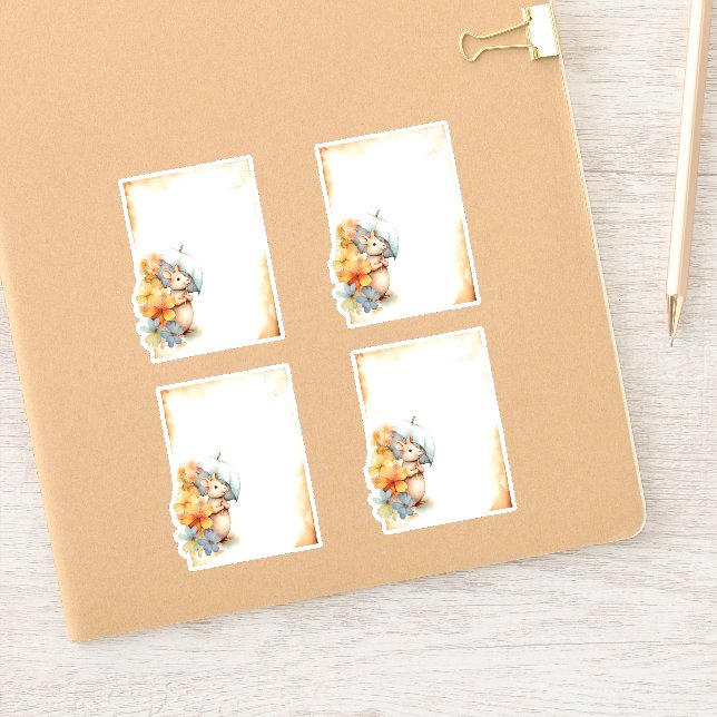 1 Mouse with blue umbrella orange pink flowers Sticker (Notebook)