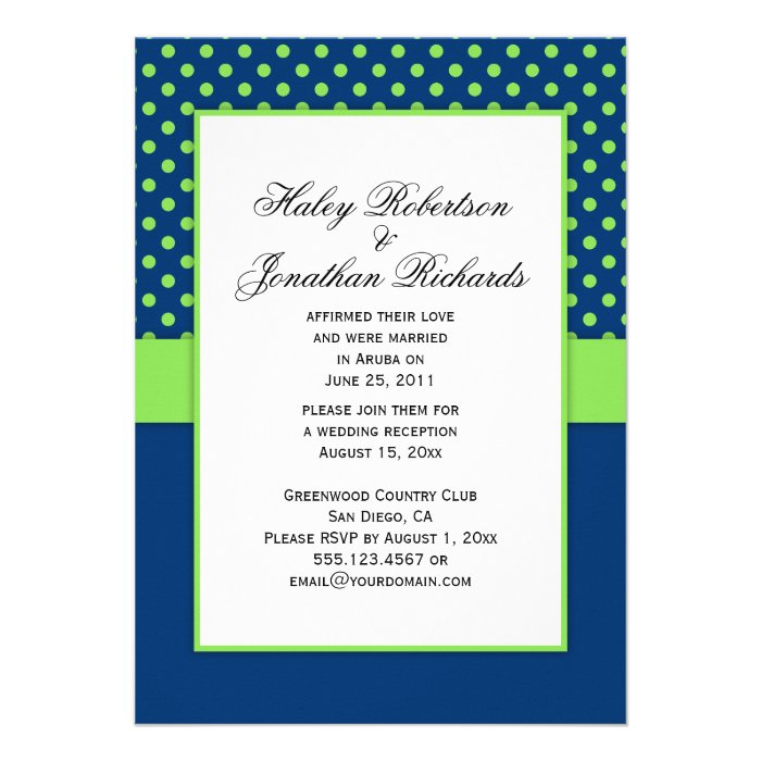 #1 Navy Blue and Lime Green Polka Dots Wedding Custom Invitations