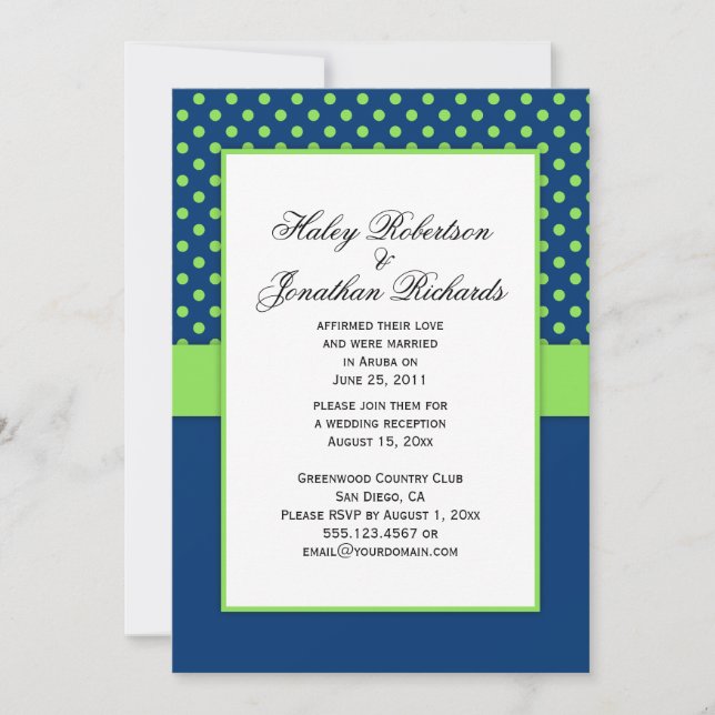 #1 Navy Blue and Lime Green Polka Dots Wedding Invitation (Front)
