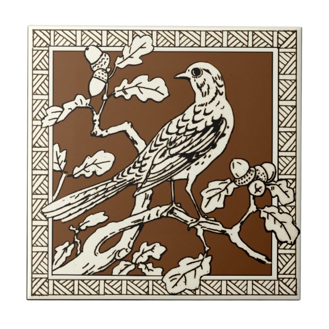 #1 of 12 Repro 1880s Minton Mocha Bird Series Ceramic Tile (Front)