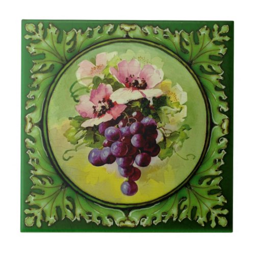 1 of 2 Handpainted Floral Grapes Godwin 1900 Repro Ceramic Tile