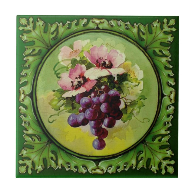 1 of 2 Handpainted Floral Grapes Godwin 1900 Repro Ceramic Tile (Front)