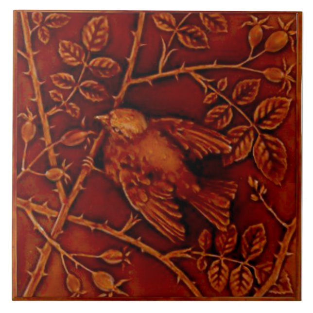 1 of 2 Repro Minton Birds Faux Relief Majolica Ceramic Tile (Front)