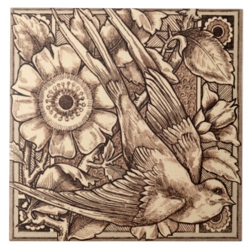 1 of Pair 1880 Craven Dunnill Bird  Rose Repro Ceramic Tile