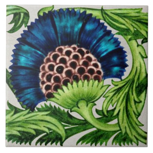 1 of Pair of Repro Antique De Morgan Blue Floral Ceramic Tile