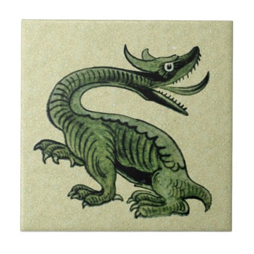 1 of Set of 2 De Morgan Green Dragon Ceramic Tiles