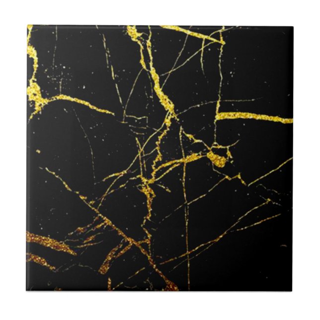 1 of Set of 4 Gold Veined Black Faux Marble Repro Ceramic Tile (Front)