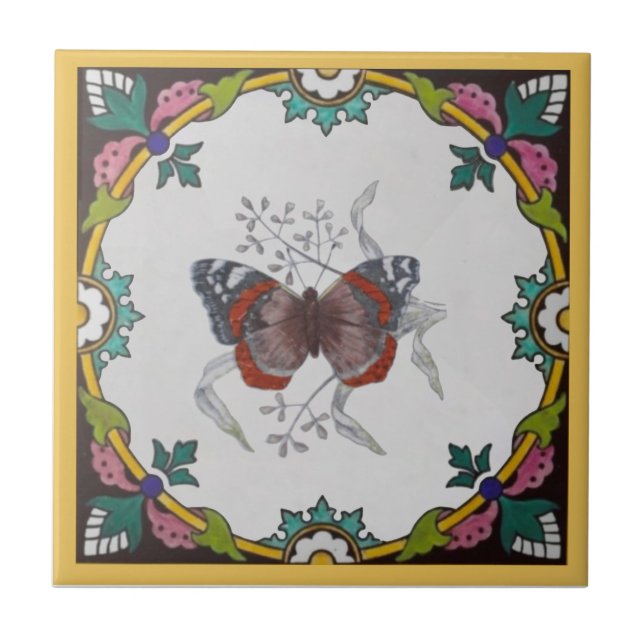 1 of Set of Repro Antique Minton Butterfly Series Ceramic Tile (Front)