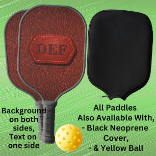 1 or 3 Initials, Leather Look Badge on Dark Red Pickleball Paddle