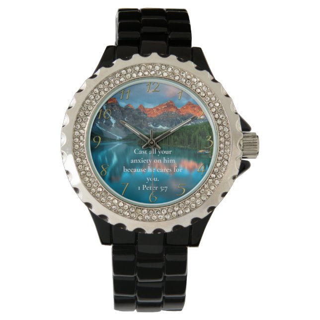 1 Peter 5:7 beautiful moutain lake view   Watch (Front)