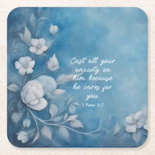 1 Peter 5:7 Bible Verse Image Square Paper Coaster