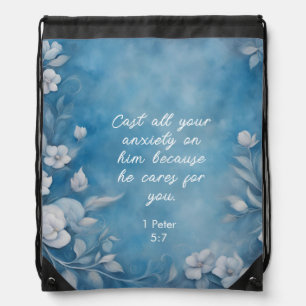 1 Peter 5:7 “Cast All Your Anxiety” Blue Floral Drawstring Bag