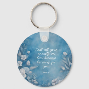 1 Peter 5:7 “Cast All Your Anxiety” Blue Floral Keychain
