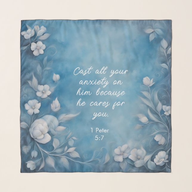 1 Peter 5:7 “Cast All Your Anxiety” Blue Floral Scarf (Front)