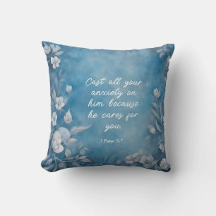 1 Peter 5:7 “Cast All Your Anxiety” Blue Floral Throw Pillow