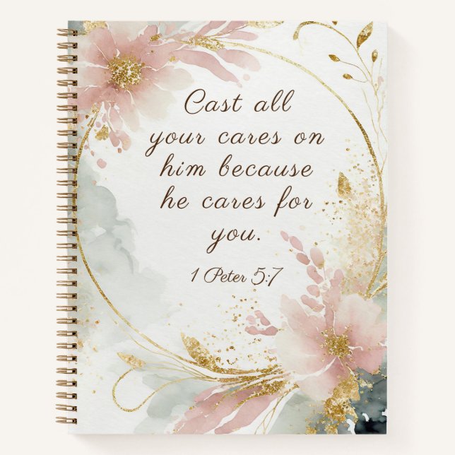 1 Peter 5:7 Cast All Your Cares on Him Bible Verse Notebook (Front)