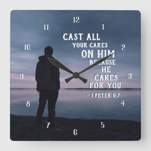 1 Peter 57 Cast all your cares on Him Bible Verse Square Wall Clock