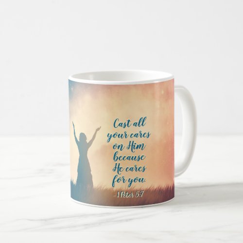 1 Peter 57 Cast all your cares on Him Scripture Coffee Mug