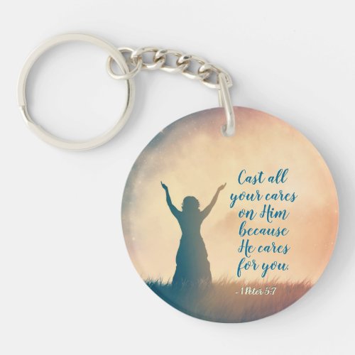 1 Peter 57 Cast all your cares on Him Scripture Keychain