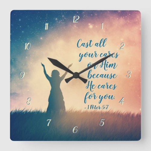 1 Peter 57 Cast all your cares on Him Scripture Square Wall Clock