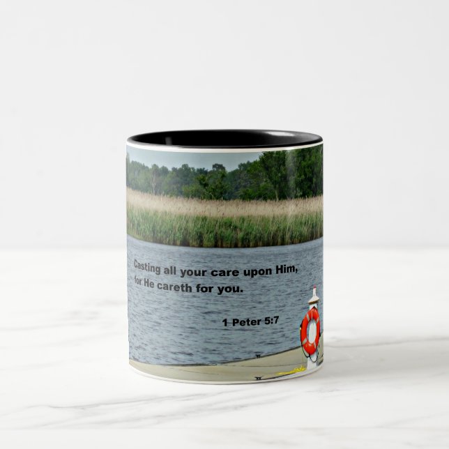 1 Peter 5:7 Casting all your care upon Him... Two-Tone Coffee Mug (Center)