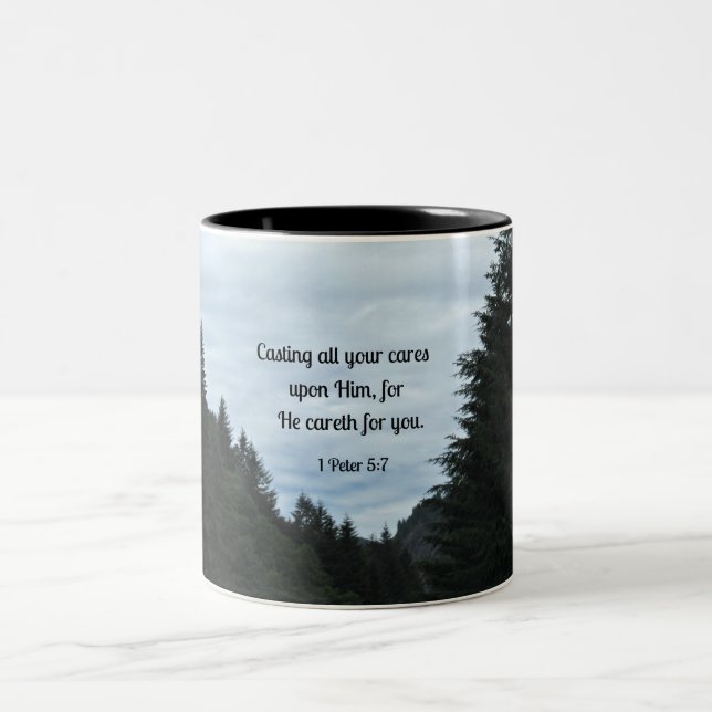 1 Peter 5:7 Casting all your cares upon Him... Two-Tone Coffee Mug (Center)