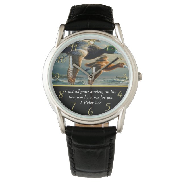 1 Peter 5:7 Christian Faith cross with ducks Watch (Front)