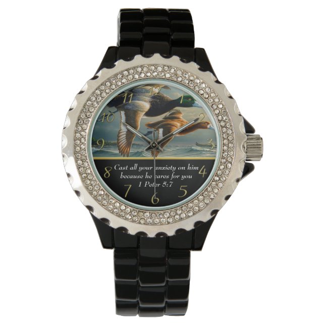 1 Peter 5:7 Christian Faith cross with ducks Watch (Front)